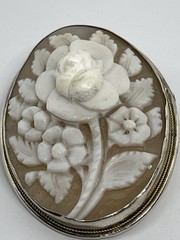 Vintage Carved Shell Rose Cameo Brooch Pendant High Relief 800 Silver Frame