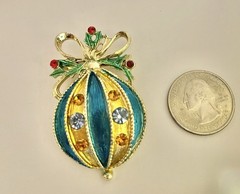 Vintage Turquoise Blue & Gold Enamel Rhinestone Stripe Christmas Ornament Brooch