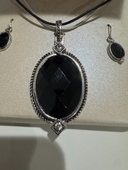 Vintage Kenneth Cole signed KC simulated onyx diamond & silver tone pendant & ea
