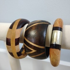 Vintage Inlay Wood Bangle Bracelets Chunky Lot Of 3 Sz 7.5-8
