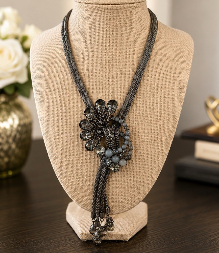 Vintage Hobe Mesh Chain Necklace Crystal Tassel Pendant