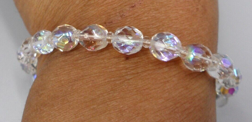 Vintage Beaded Bracelet 7 mm Clear A/B Iridescent Faceted Glass Beads 8.5″ EUC