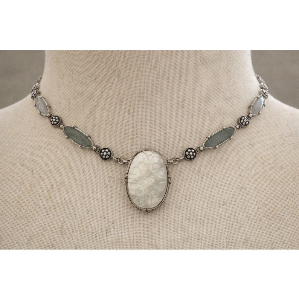 Vintage Sterling Silver 925 Carved Mother of Pearl Necklace 18″ Princess Length