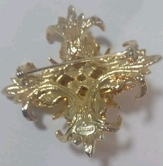 Maltese Cross Gold Tone Ornate Brooch Rhinestone Faux Pearls Signed Graziano