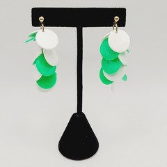 Green and White Multiple Plastic Disc Wiggly Dangle Vintage 80s Pierced Earrings