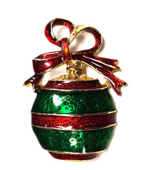 Estate Gold Tone Christmas Ornament & Red Ribbon Enamel Holiday Pin / Brooch