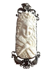 Fifirose Carved Bison Bone Cameo Pendant Sterling Garnet 3”