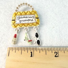 AJMC Glamorous Grandma Purse Brooch Rhinestone Dangle Charm Pin VTG