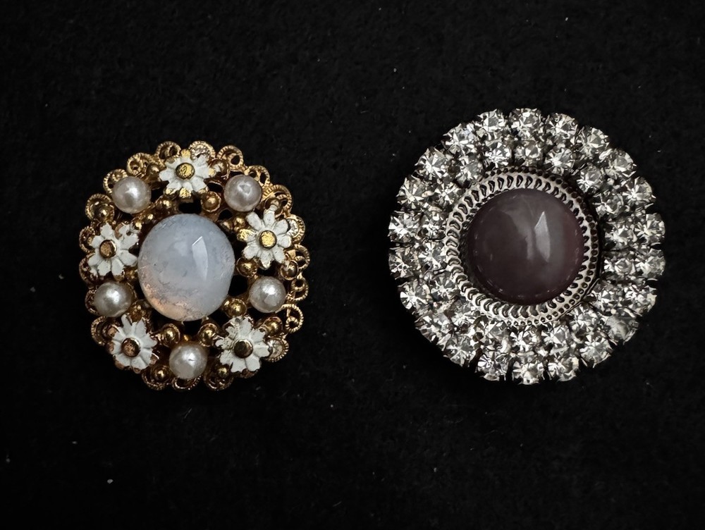 Set Of 2 MCM Circle Starburst Brooches Opal, Faux Pearls, Rhinestones
