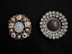 Set Of 2 MCM Circle Starburst Brooches Opal, Faux Pearls, Rhinestones