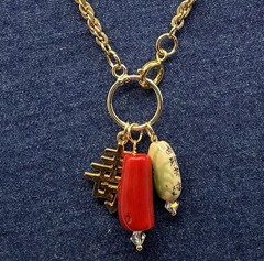 Custom Vintage Charm Trio, Vtg Gold Plated Chain Necklace, Coral, Chinese Symbol