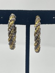 Vintage Gold Tone Twisted Rope Hoop Earrings Grey Silver Beaded Screw Back MCM