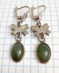 Vintage Earrings natural Nephrite stones Sterling Silver 925 star USSR Jewelry