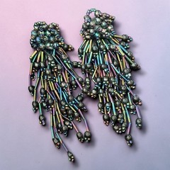 Statement Fringe Earrings Bugle Bead Oil Slick Pierced Vintage 1980s Runway