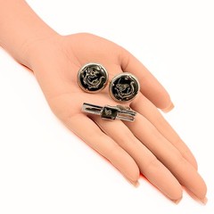 Vintage Swank Dragon Etched Silver Plate Black Enamel Cufflinks Tie Bar Set