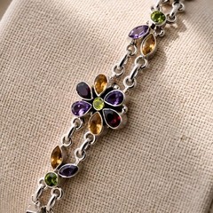 Sterling Silver Bracelet Flower Multi Gemstone Amethyst Peridot Citrine Garnet