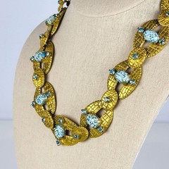 Vintage Czech Brass Blue Confetti Soapstone Cabochon Art Deco Revival Necklace
