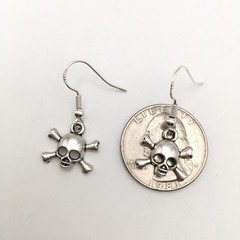 Silver Tone Costume Skull & Crossbones Hook Dangle Earrings #23