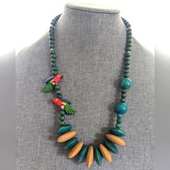 Vintage Estate Teal Wooden Beaded Parrot Tribal Boho Ethnic Tropical Necklace