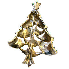 Christmas Tree Vintage Brooch Green Enamel Clear Rhinestones Cut-Outs