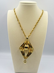 Vintage High End Gold Tone Cage Dangle Ball Bead Pendant 28″ Chain Necklace A1
