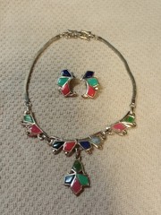 Vintage 1940 Barclay Gold Tone Bib Necklace Clip Earring Set Multicolored Stones