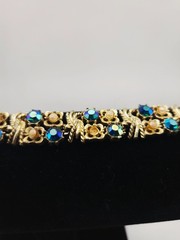 Vintage Coro Signed Gold Tone Link Bracelet Blue Aurora Borealis Rhinestone