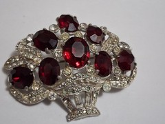 1930s red & clear rhinestone brooch, basket, flower bouquet, statement piece