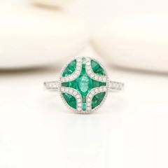 Vintage Style Oval Cut Lab Created Emerald Diamond Engagement 14K Gold FN Rings