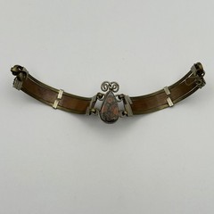 Leather Jasper Stone Bracelet Egyptian Revival Vintage Brass 6.75 in
