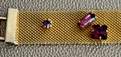 ☘☘☘Mesh Gold Tone Bracelet with Faux Amethyst Prong Set Stones Foldover Clasp☘☘☘