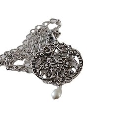 Lg 1974 Vintage AVON Silvertone Medallion Pendant W/Pearl Drop Gothic Style