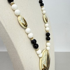 Vintage Japan Beaded Necklace Black White Gold Leaf Pendant Mid Century Modern