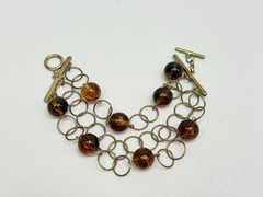 Vintage Bracelet Gold Tone Crackle Acrylic Lucite Beaded 3 Strand Toggle 8.5 in