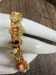 Gold Tone Sliding Charm Bracelet Double Chain Cameo Flower Heart Rhinestones