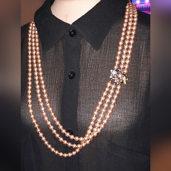 Nolan Miller Signed goldplate cz flower clasp vintage glass pearl necklace 80s