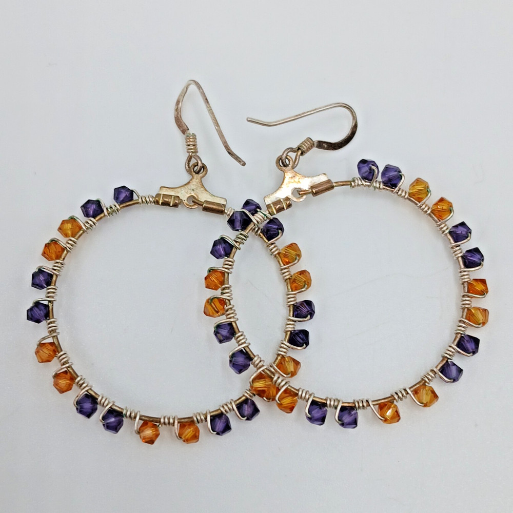 925 Open Circle Earrings 1.25in Drop Sterling Silver Wrapped Purple Gold Crystal
