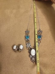 Vintage Cameo Blue Glass Silver Necklace 22″ and Italian earrings marked GM