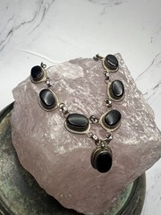 VTG 925 Sterling Silver Rope Trim Accent Oval Black Onyx Statement Necklace