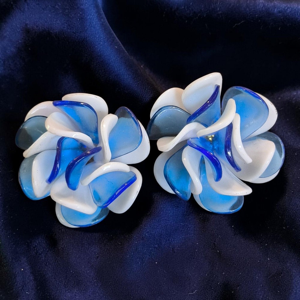Vintage West Germany Blue White Lucite Flower Clip Earrings Articulated Petals