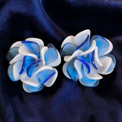 Vintage West Germany Blue White Lucite Flower Clip Earrings Articulated Petals