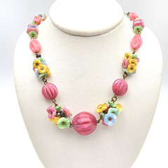 Art Deco Pink Satin Flower Melon Molded Glass Beaded 16.5″ Antique Necklace