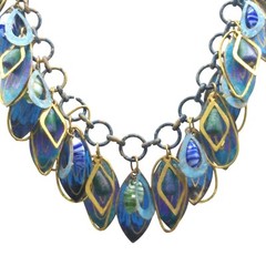 Vintage Colorful Painted Brass Dangles Necklace and Earrings Set, Retro Bib