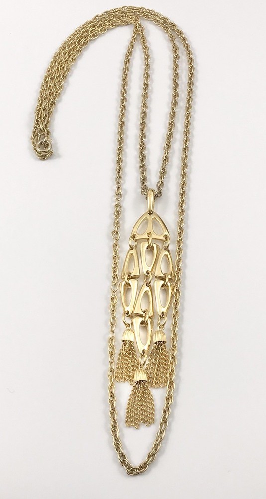 Vtg Crown Trifari Gold Tone Waterfall Tassel 2 Strand Long Necklace 32 In. #850