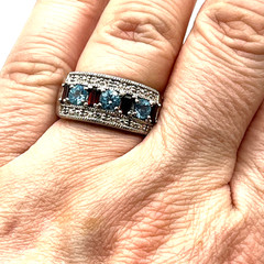 VTG Ring Sz 7 Blue Topaz Garnet Diamond Chips Channel Signed Sterling 925 Tested