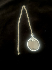 Vintage Silver Tone Magnifying Glass Necklace on 30 Inch Chain Crystal Accents