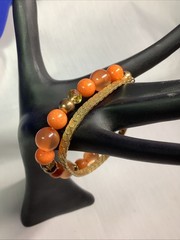 Lot 2 Expandable Coral Color Beads & Gold Tone Snakeskin Weave Bracelet L36