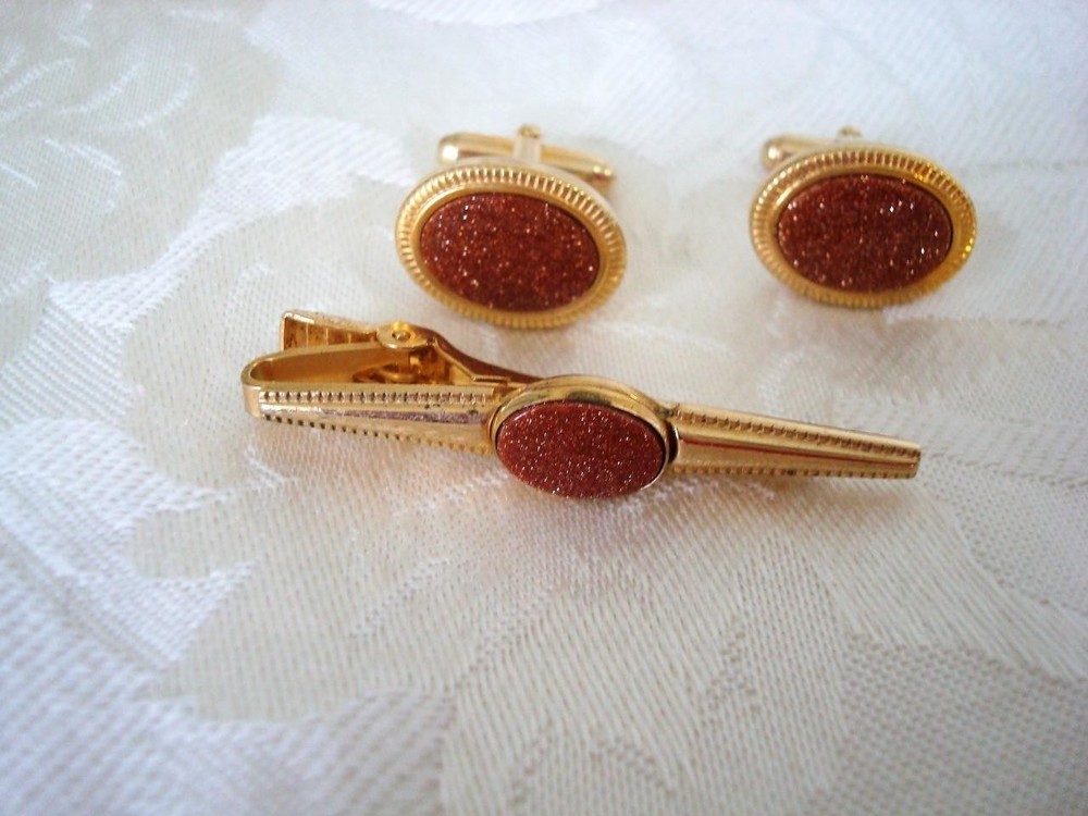 Vintage Anson Gold Tone Glittery Goldstone Tie Bar Clip Clasp Cufflinks KJ Lot C