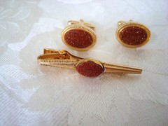 Vintage Anson Gold Tone Glittery Goldstone Tie Bar Clip Clasp Cufflinks KJ Lot C