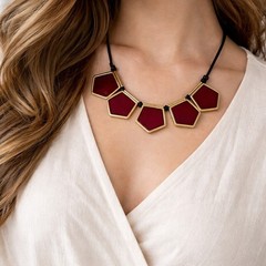 Vintage Yves Saint Laurent YSL Red Gold Pentagonal Statement Cord Necklace